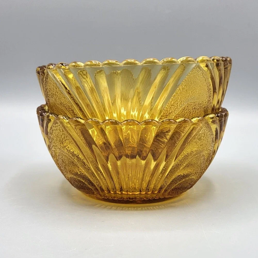 Vtg Amber Glass Dessert Bowls Set Of 2 Scalloped Edge Pressed Glass